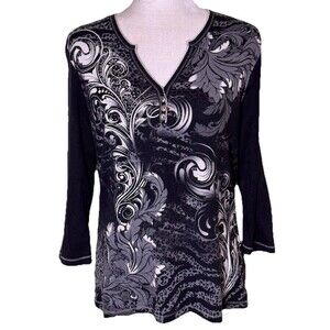Women Black Gray Whimsigothic Art Nouveau Scroll Print 3/4 Sleeve Top Size XL